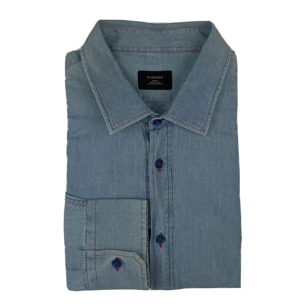 PIOMBO Mens Soft Cotton Denim Blue 3/4 Button Front Shirt Size 17/43 NWT